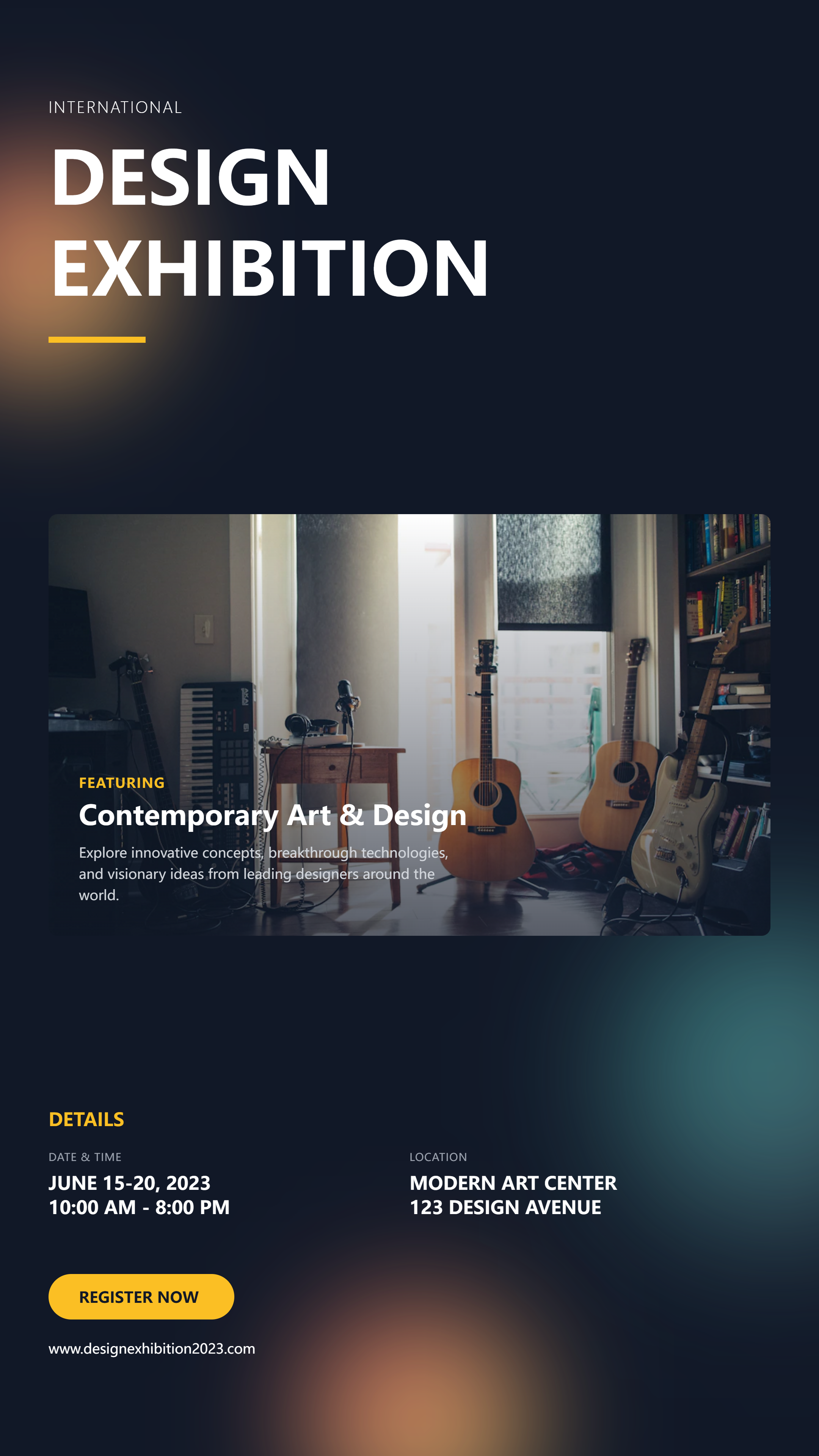 Dark navy exhibition landing page with a white DESIGN EXHIBITION title, a studio photo of guitars and a keyboard, and a yellow CTA