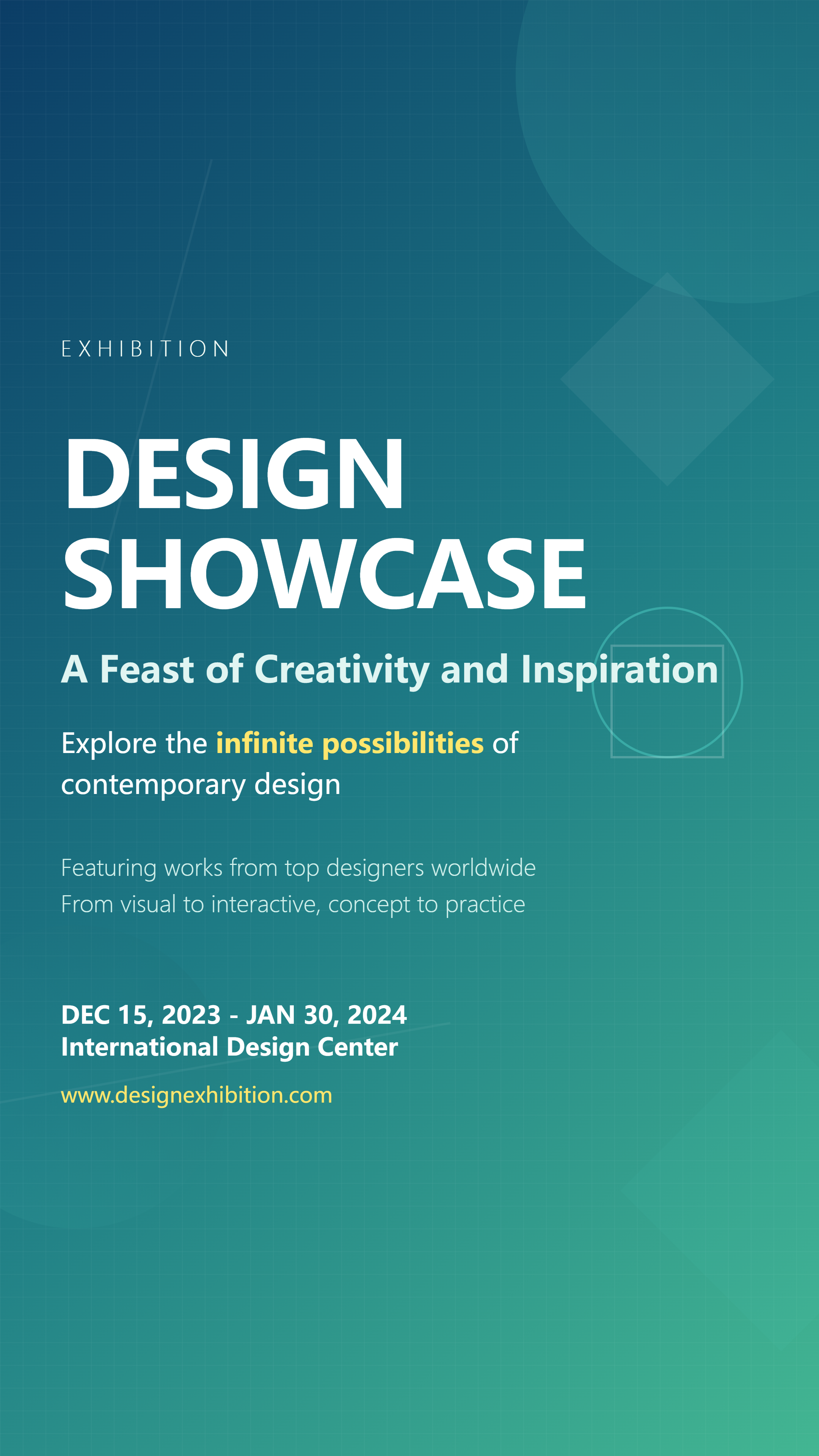Teal gradient exhibition poster with large white DESIGN SHOWCASE text, yellow highlights, a fine grid, and geometric shapes