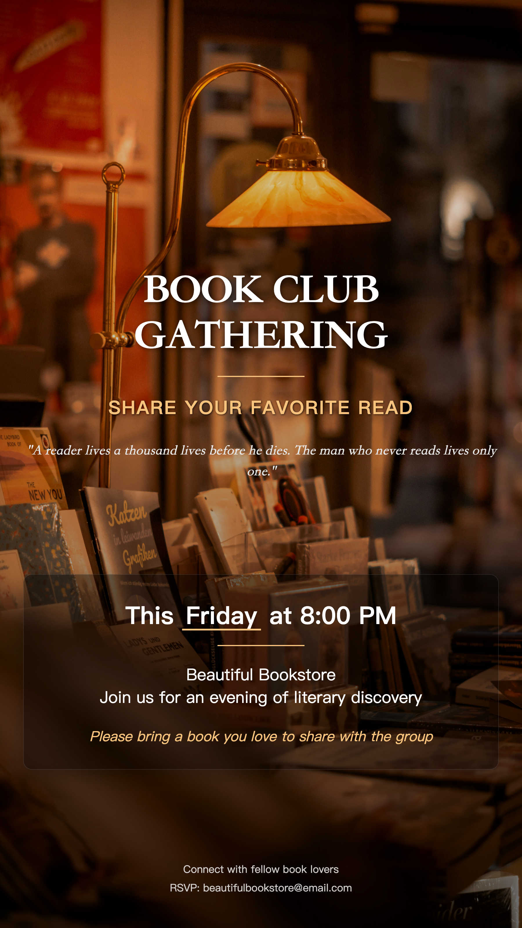 Book club gathering flyer over a warm bookstore interior with a brass lamp, white serif title, gold subhead, and a dark info panel