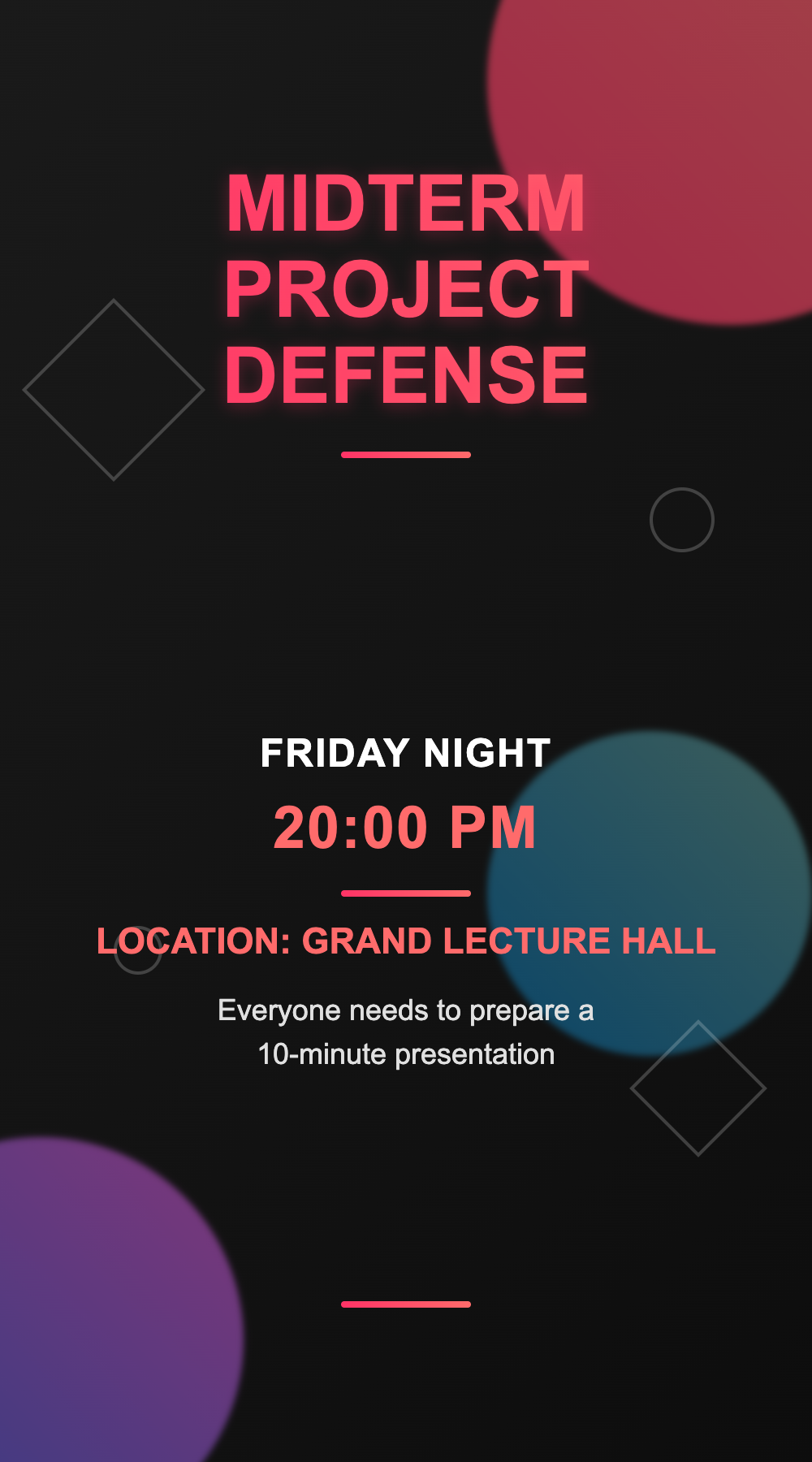 Near-black poster with a glowing pink MIDTERM PROJECT DEFENSE title, blurred magenta, teal, and purple circles, and event details