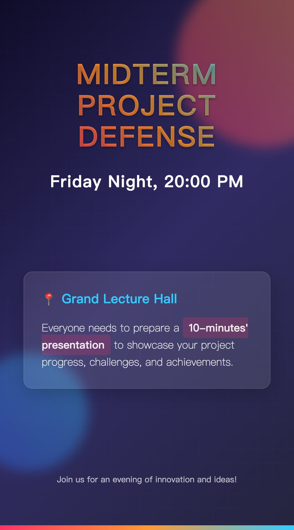 Dark indigo midterm project defense poster with an orange-to-teal gradient title, red and blue glows, and a lecture hall panel
