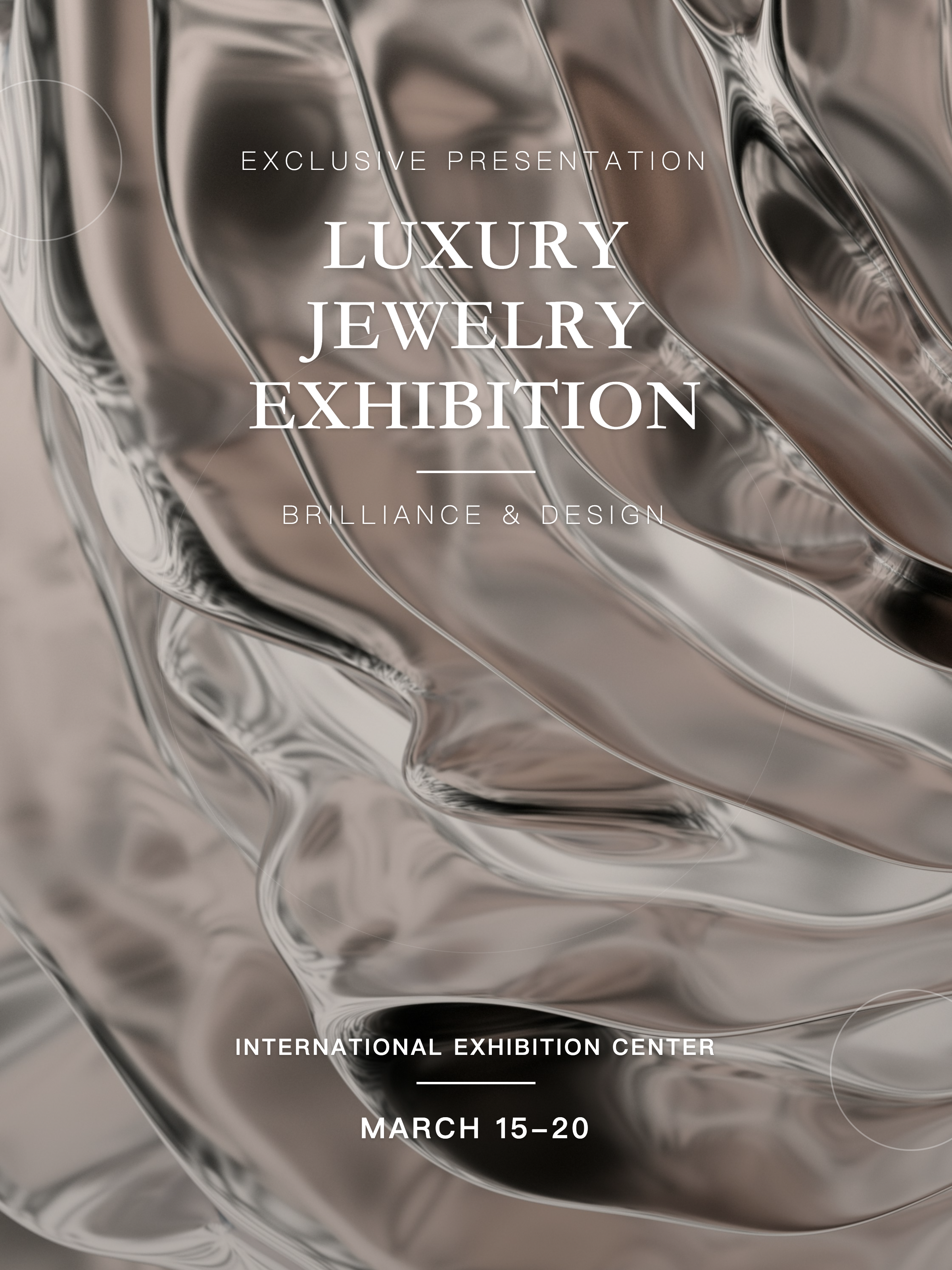 Luxury jewelry exhibition poster with metallic abstract background and elegant serif event text.