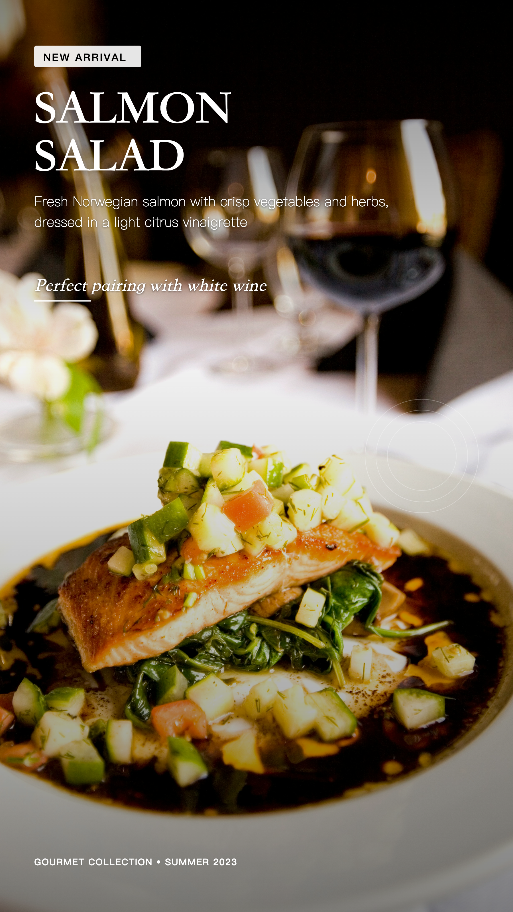Gourmet restaurant poster showing salmon salad with wine glasses and elegant menu-style text.