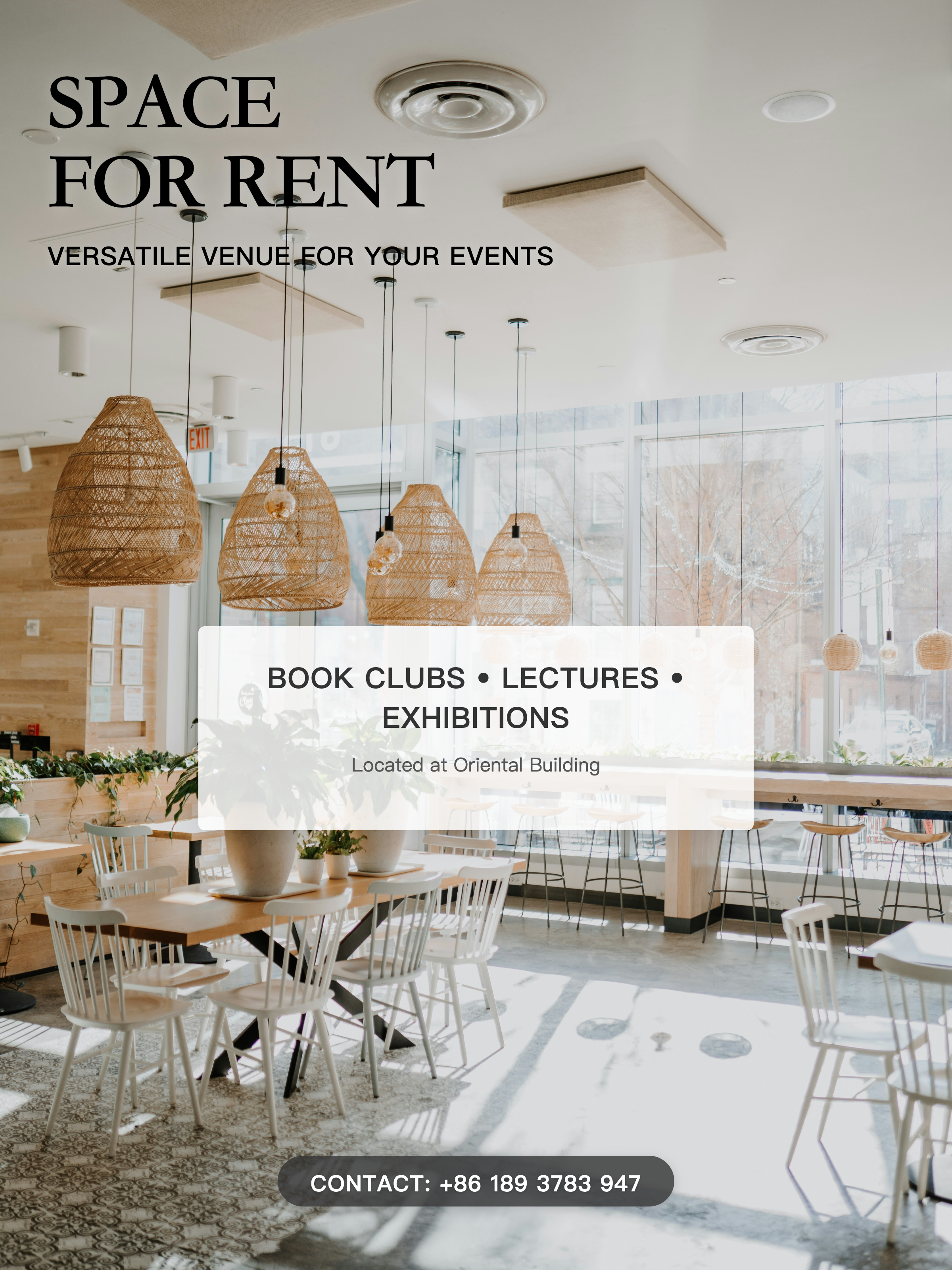 Space for Rent poster with a sunlit venue interior, woven pendant lights, black serif headline, and translucent information panel