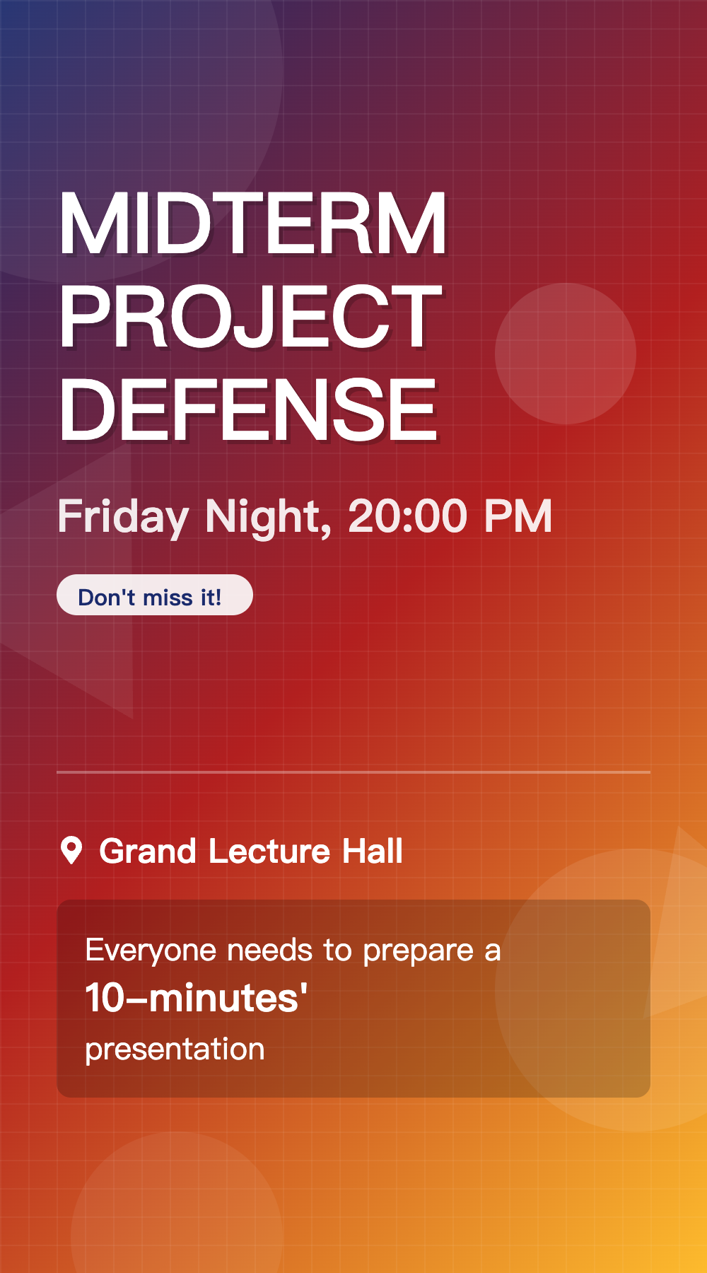 Red-orange gradient grid poster with a white MIDTERM PROJECT DEFENSE title, Friday night time, a callout pill, and a venue line