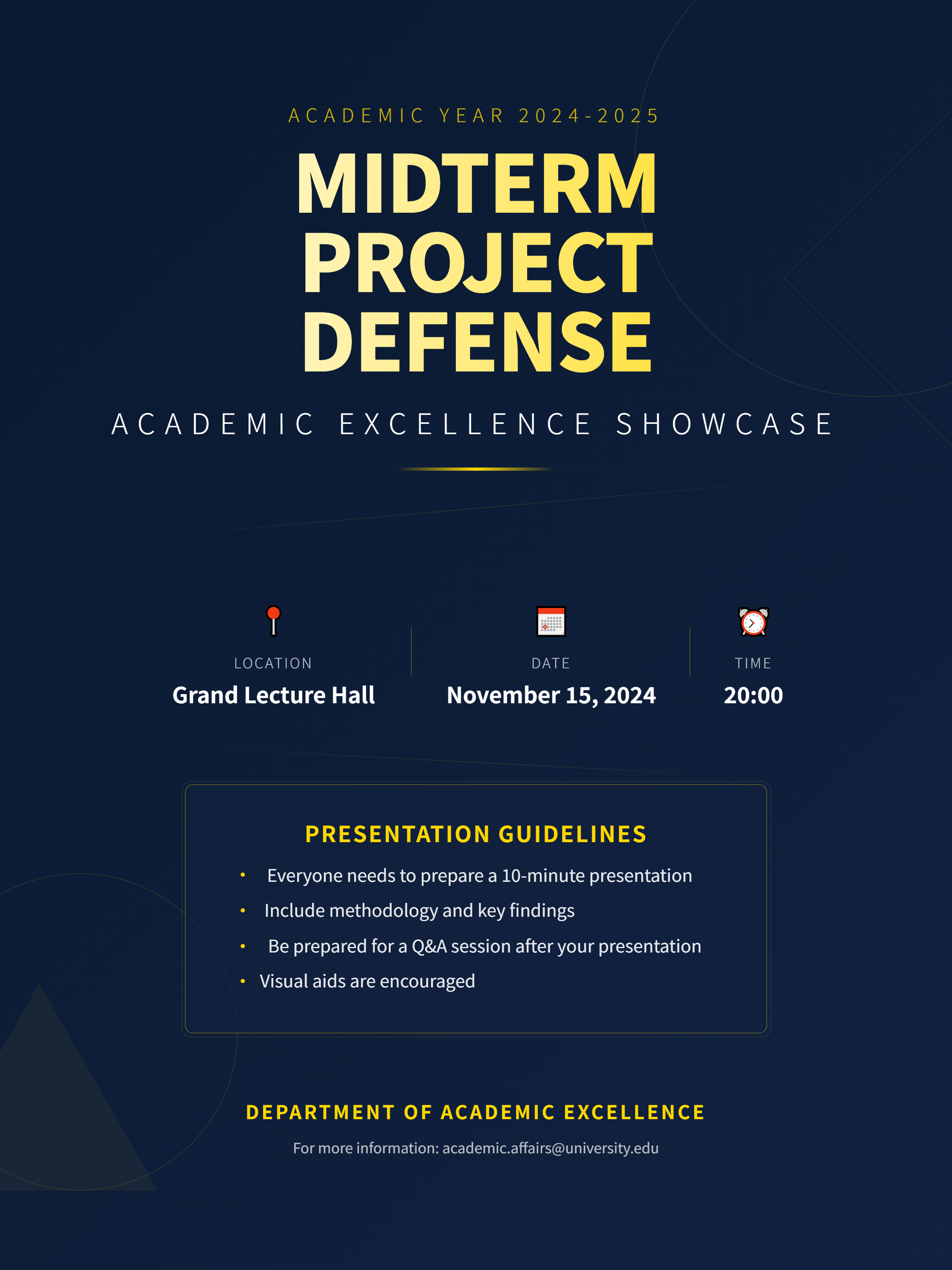Navy academic poster with a yellow MIDTERM PROJECT DEFENSE title, location, date, and time icons, and a gold-framed guide panel